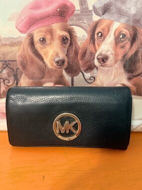 Michael Kors Fulton Black Leather Continental Wallet with Gold MK Emblem